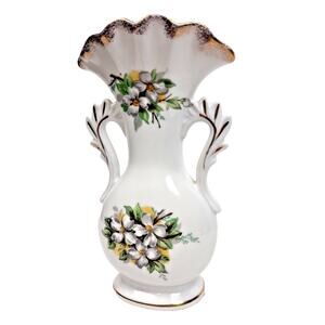 Vintage Ucagco Ceramics Japan Vase Gilt Handles 8.5" Hand Painted Scalloped Edge